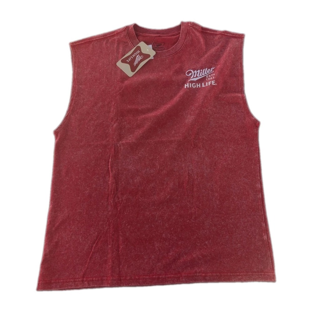 Miller High Life Beer Mens M Sleeveless Tank Top Red Acid Wash Graphic Logo